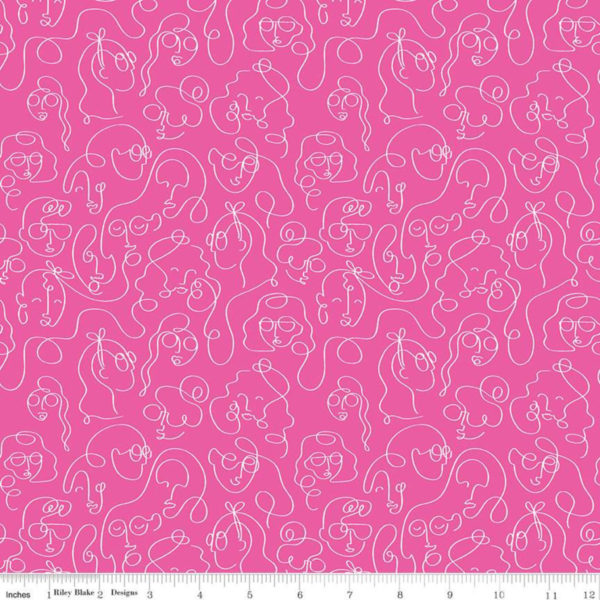 Quilting Cotton - Grl Pwr - Line Faces - Fuchsia