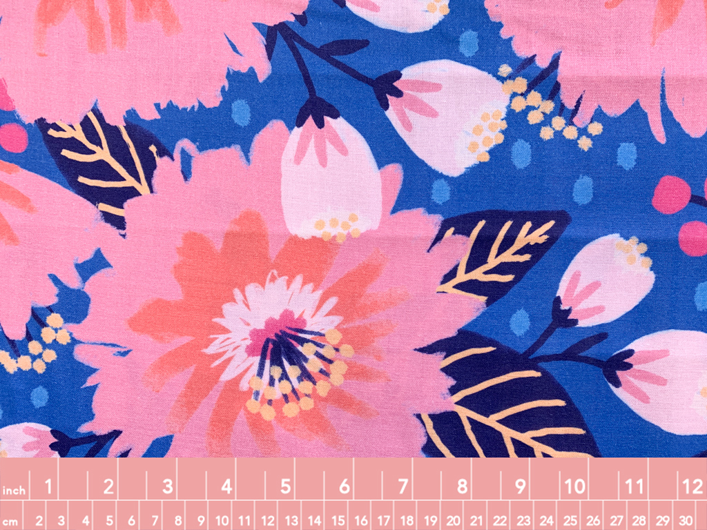 Organic Cotton Double Gauze Vibrant Blooms Blue Dahlia