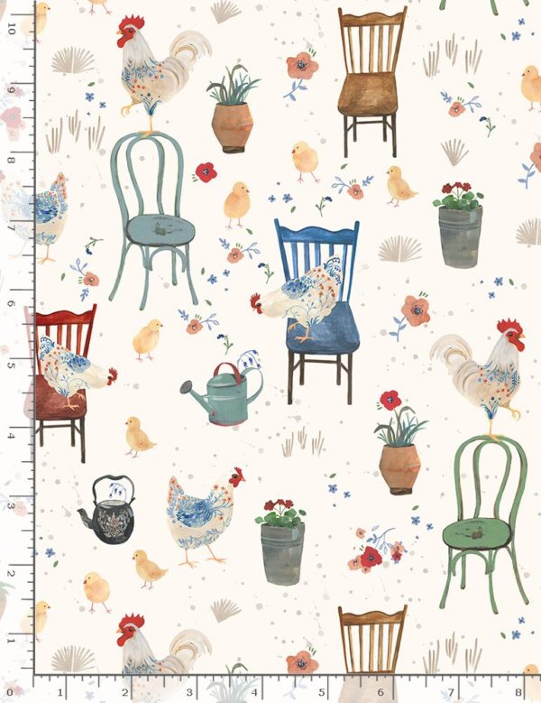 Quilting Cotton - Country Chickens On Chairs - Cream