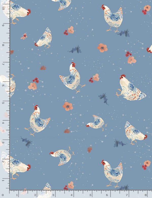 Quilting Cotton - Tossed Hens - Blue