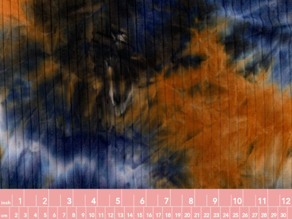 Designer Deadstock - Rayon/Spandex Rib Knit - Tie Dye - Blue/Copper