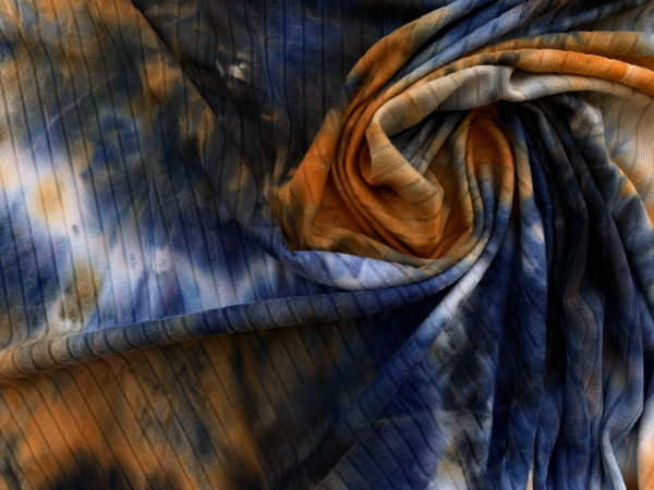 Designer Deadstock - Rayon/Spandex Rib Knit - Tie Dye - Blue/Copper
