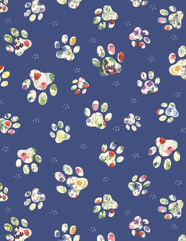 Quilting Cotton - Catnip Garden - Floral Dog Paws - Navy