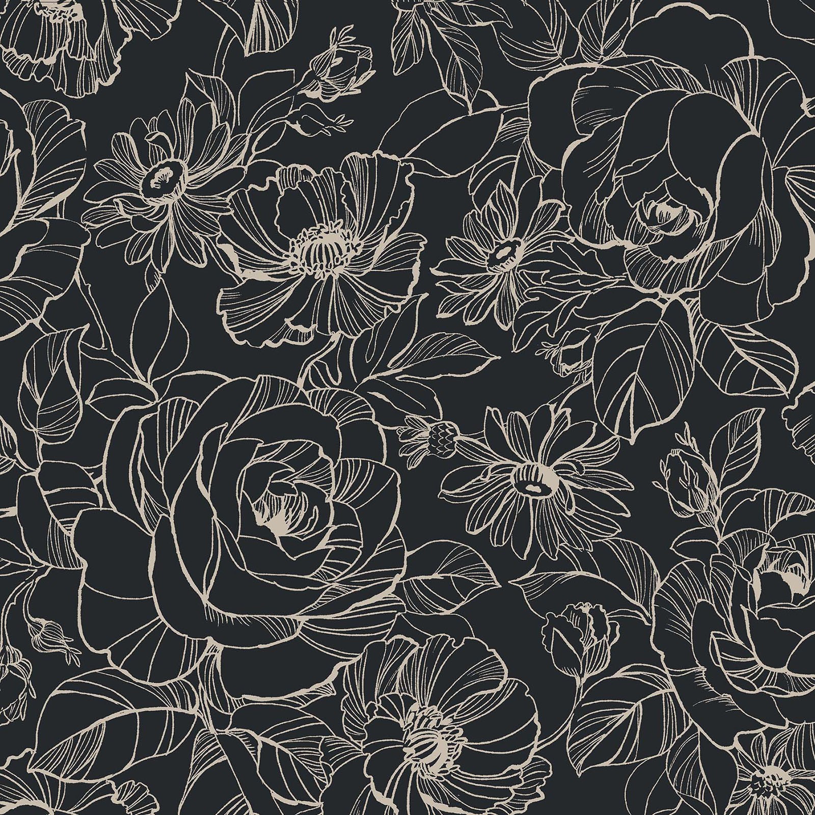 Japanese Cotton/Linen Canvas - Sketched Peonies - Black - Stonemountain ...