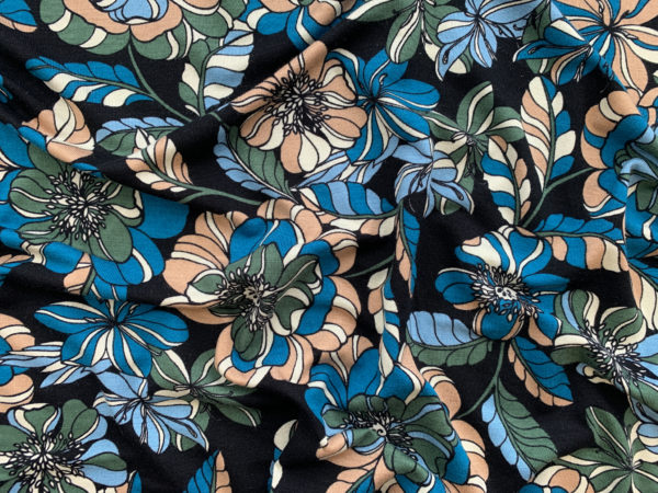 Designer Deadstock - Rayon/Spandex Jersey - Blue/Green Floral on Black