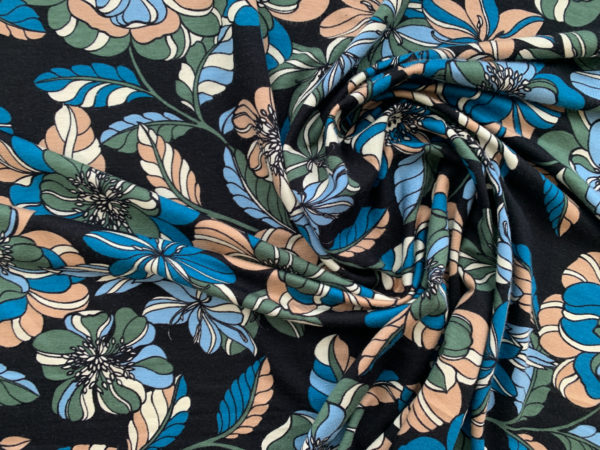 Designer Deadstock - Rayon/Spandex Jersey - Blue/Green Floral on Black