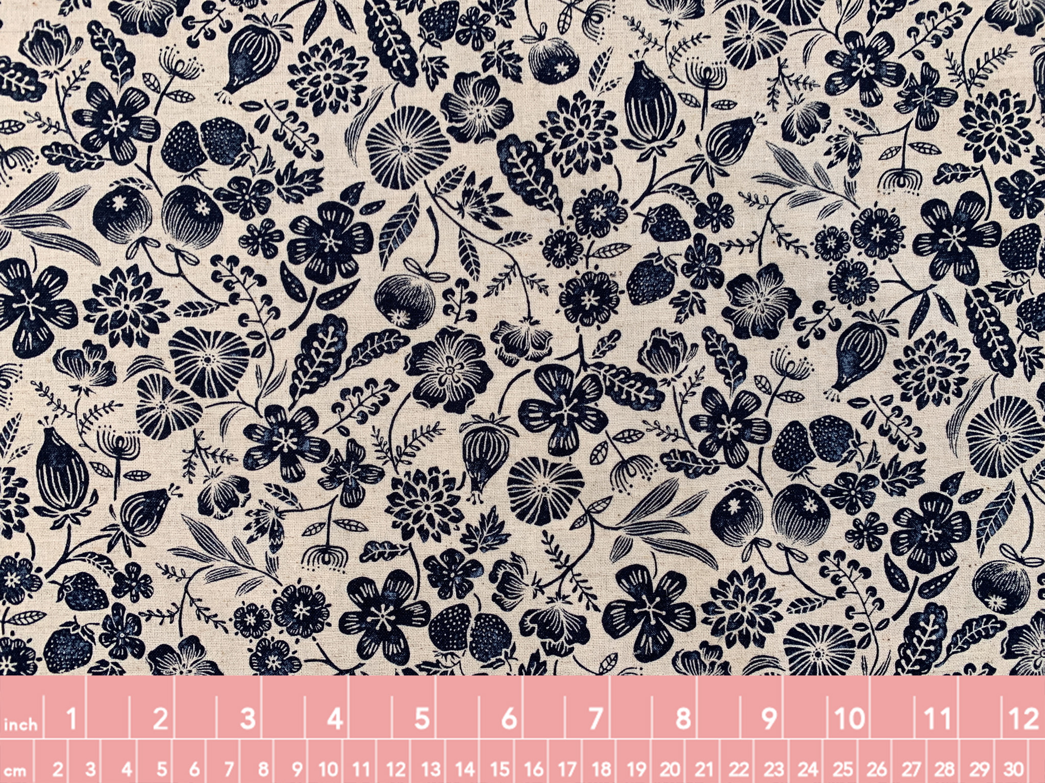 Japanese Cotton/Linen Sheeting Floral Block Print Navy/Natural