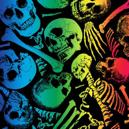 Quilting Cotton - No Bones About It - Black Rainbow Skeletons