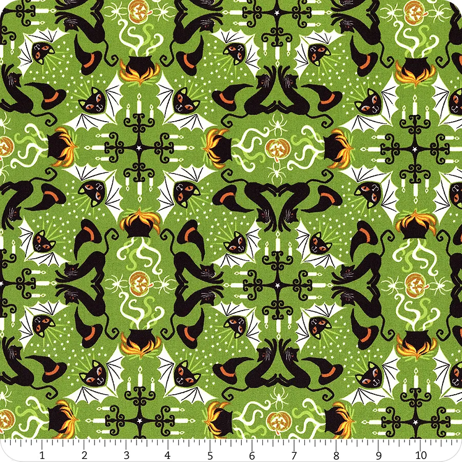 Quilting Cotton - Lewis & Irene - Haunted House - Green Glow