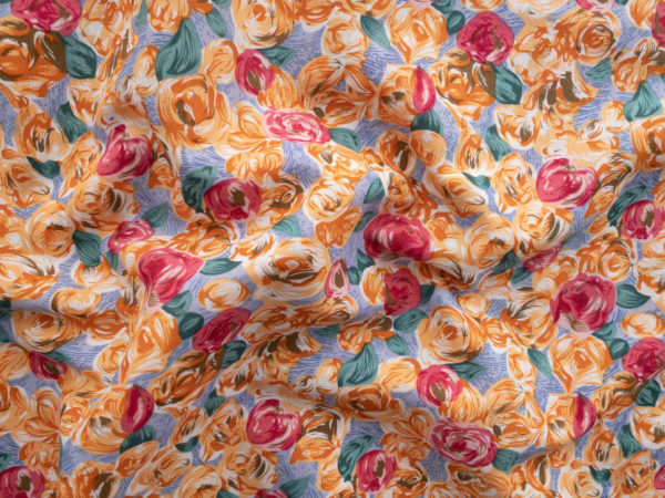 Designer Deadstock - Cotton Voile Print - Rose Buds -  Orange/Blue