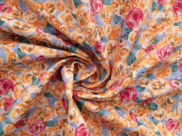 Designer Deadstock - Cotton Voile Print - Rose Buds -  Orange/Blue