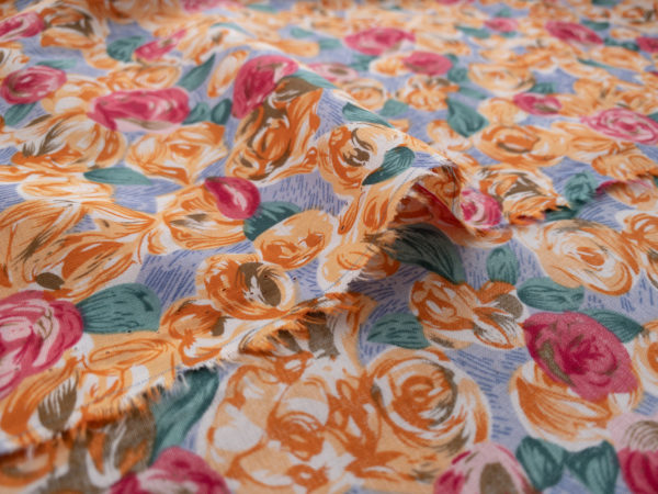 Designer Deadstock - Cotton Voile Print - Rose Buds -  Orange/Blue