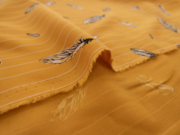 Designer Deadstock - Rayon Challis - Pinstripe Feathers - Mustard