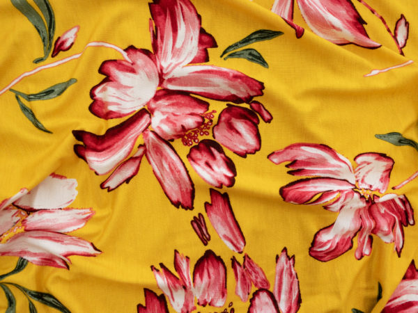 Designer Deadstock - Rayon/Spandex Jersey - Painted Blooms - Red/Yellow