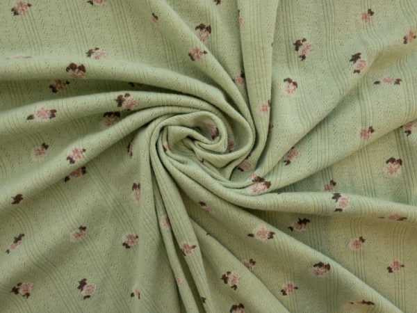 Designer Deadstock - Textured Cotton Jersey - Scattered Roses - Sage/Pink