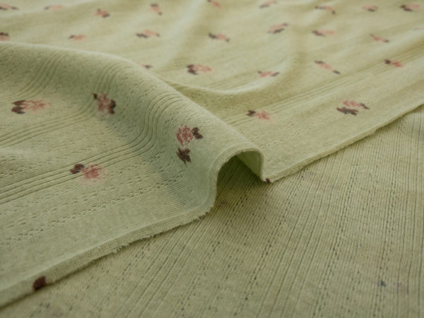 Designer Deadstock - Textured Cotton Jersey - Scattered Roses - Sage/Pink