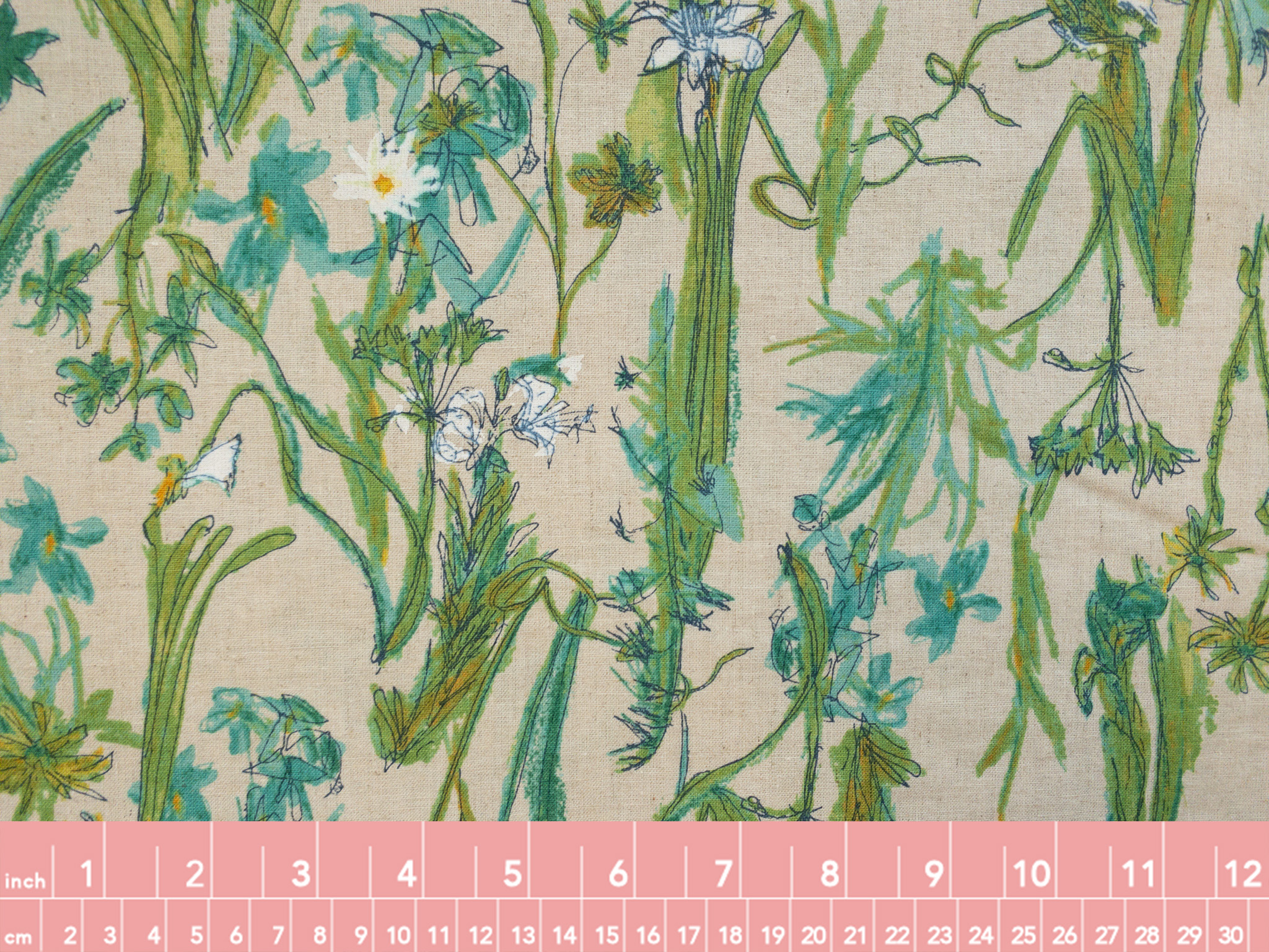 Japanese Printed Linen/Cotton Daisy Green/Natural Stonemountain