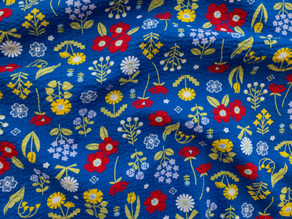 Japanese Cotton Seersucker - Scandi Floral - Bright Blue