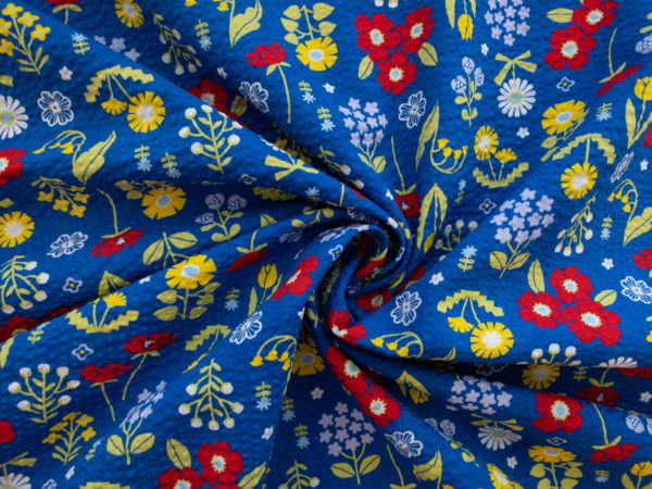 Japanese Cotton Seersucker - Scandi Floral - Bright Blue