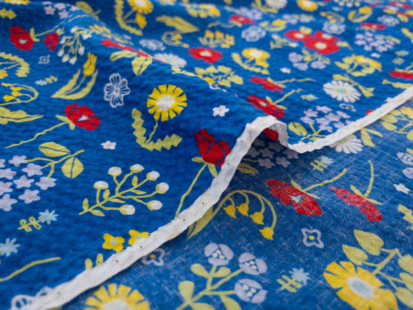 Japanese Cotton Seersucker - Scandi Floral - Bright Blue