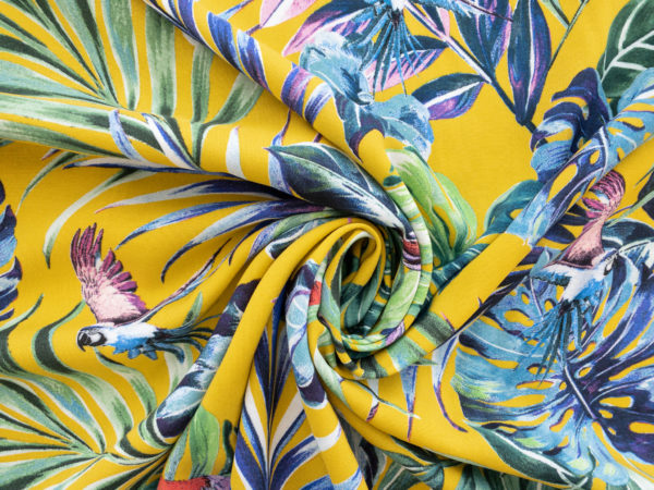 Italian Designer Deadstock – Rayon Challis - Monstera and Parrots - Yellow