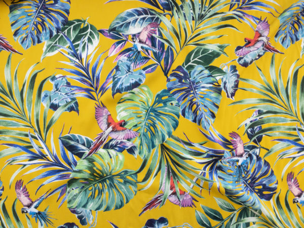 Italian Designer Deadstock – Rayon Challis - Monstera and Parrots - Yellow