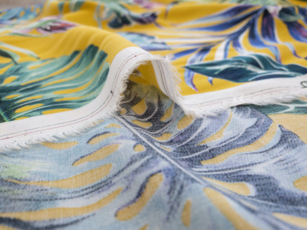 Italian Designer Deadstock – Rayon Challis - Monstera and Parrots - Yellow