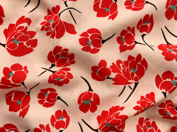 Designer Deadstock – Rayon/Linen Challis – Floating Lotus – Red