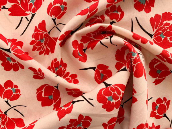 Designer Deadstock – Rayon/Linen Challis – Floating Lotus – Red