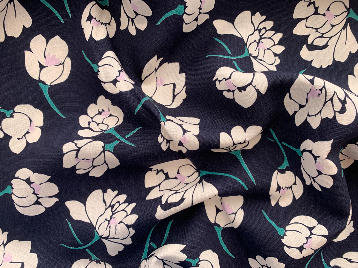 Designer Deadstock – Rayon/Linen Challis – Floating Lotus – Navy ...