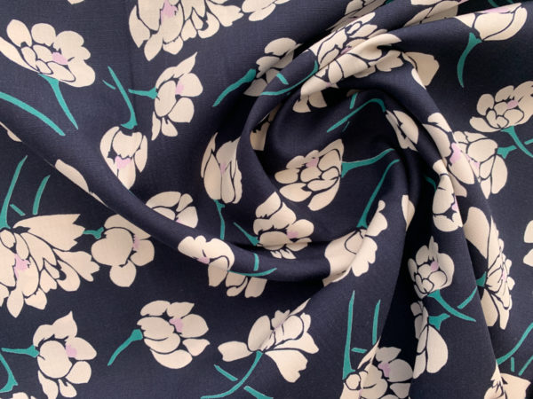 Designer Deadstock – Rayon/Linen Challis – Floating Lotus – Navy