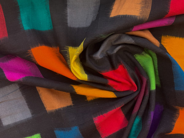 Handwoven Cotton Ikat - Rainbow Squares - Black