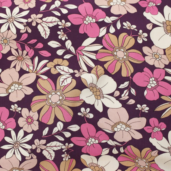 Rayon Poplin Print – Woodland Wild Flowers - Burgundy/Ecru