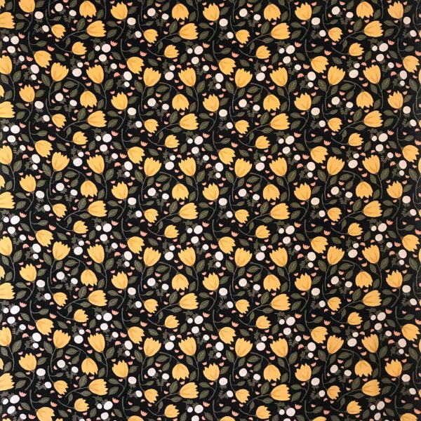 Rayon Poplin Print – Scandi Flowers - Black/Yellow