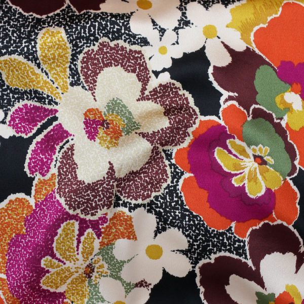 Polyester Textured Challis – Mosaic Floral - Black/Burnt Orange