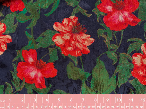 Designer Deadstock - Rayon Challis Jacquard - Red Floral on Navy