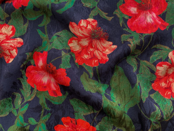 Designer Deadstock - Rayon Challis Jacquard - Red Floral on Navy