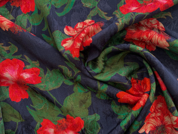 Designer Deadstock - Rayon Challis Jacquard - Red Floral on Navy