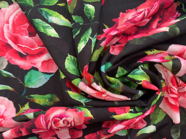 Designer Deadstock - Rayon Crinkle Challis - Pink Floral on Black