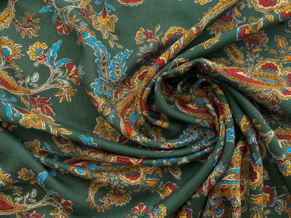 Designer Deadstock - Rayon Crinkle Gauze - Green Paisley