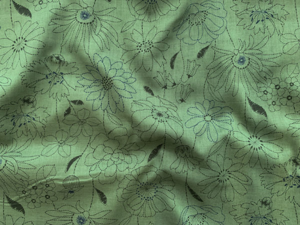 Japanese Cotton Lawn - Stitched Flowers - Green