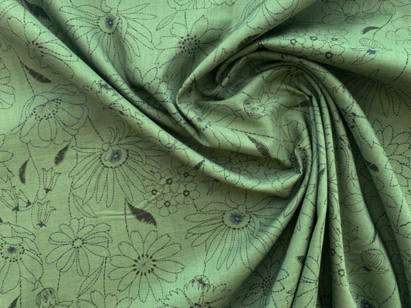 Japanese Cotton Lawn - Stitched Flowers - Green