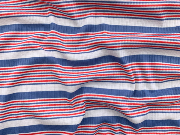 Designer Deadstock – Rayon/Spandex Rib Knit – Faded Blue Stripe