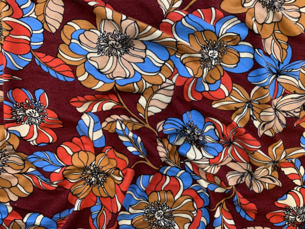 Designer Deadstock - Rayon/Spandex Jersey - Maroon/Cerulean Floral