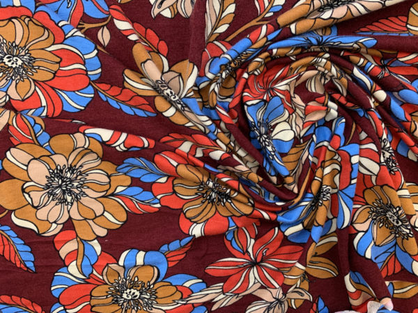 Designer Deadstock - Rayon/Spandex Jersey - Maroon/Cerulean Floral