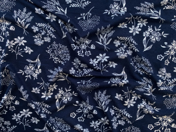 Designer Deadstock – Rayon/Spandex Jersey – Navy/White Botanical