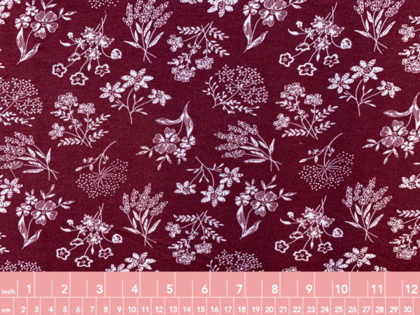 Designer Deadstock – Rayon/Spandex Jersey – Burgundy/White Botanical