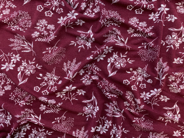 Designer Deadstock – Rayon/Spandex Jersey – Burgundy/White Botanical