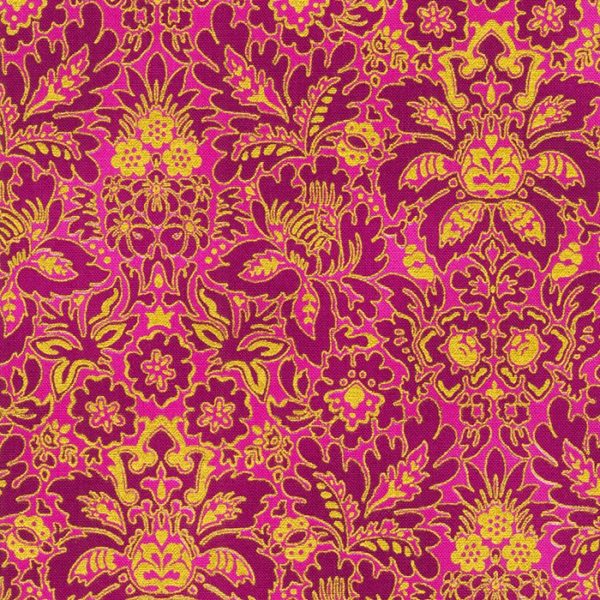 Quilting Cotton – Midnight Nectar - Gold Floral - Fuchsia