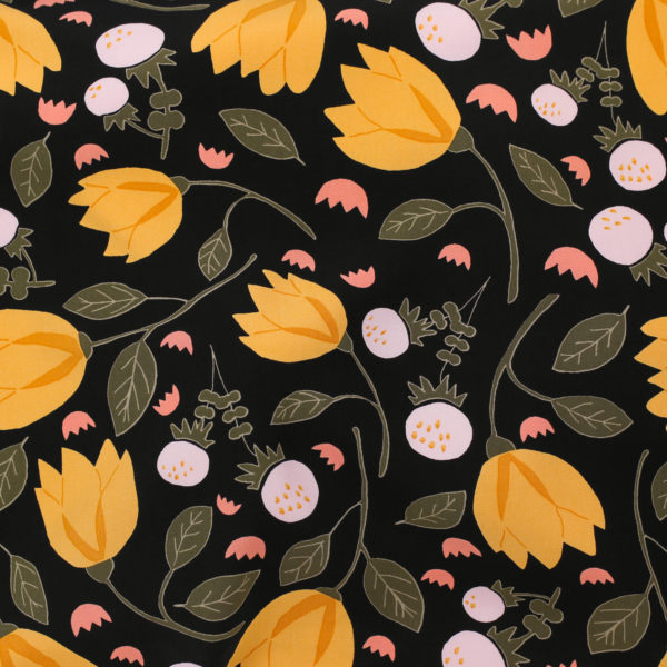 Rayon Poplin Print – Scandi Flowers - Black/Yellow